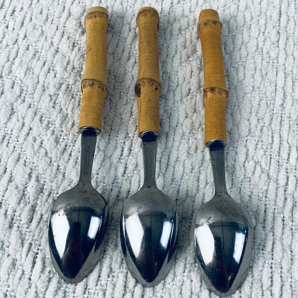 3 Grapefruit Spoons Tan Bamboo Handle Serrated Stainless Tiki Boho Japan Vintage